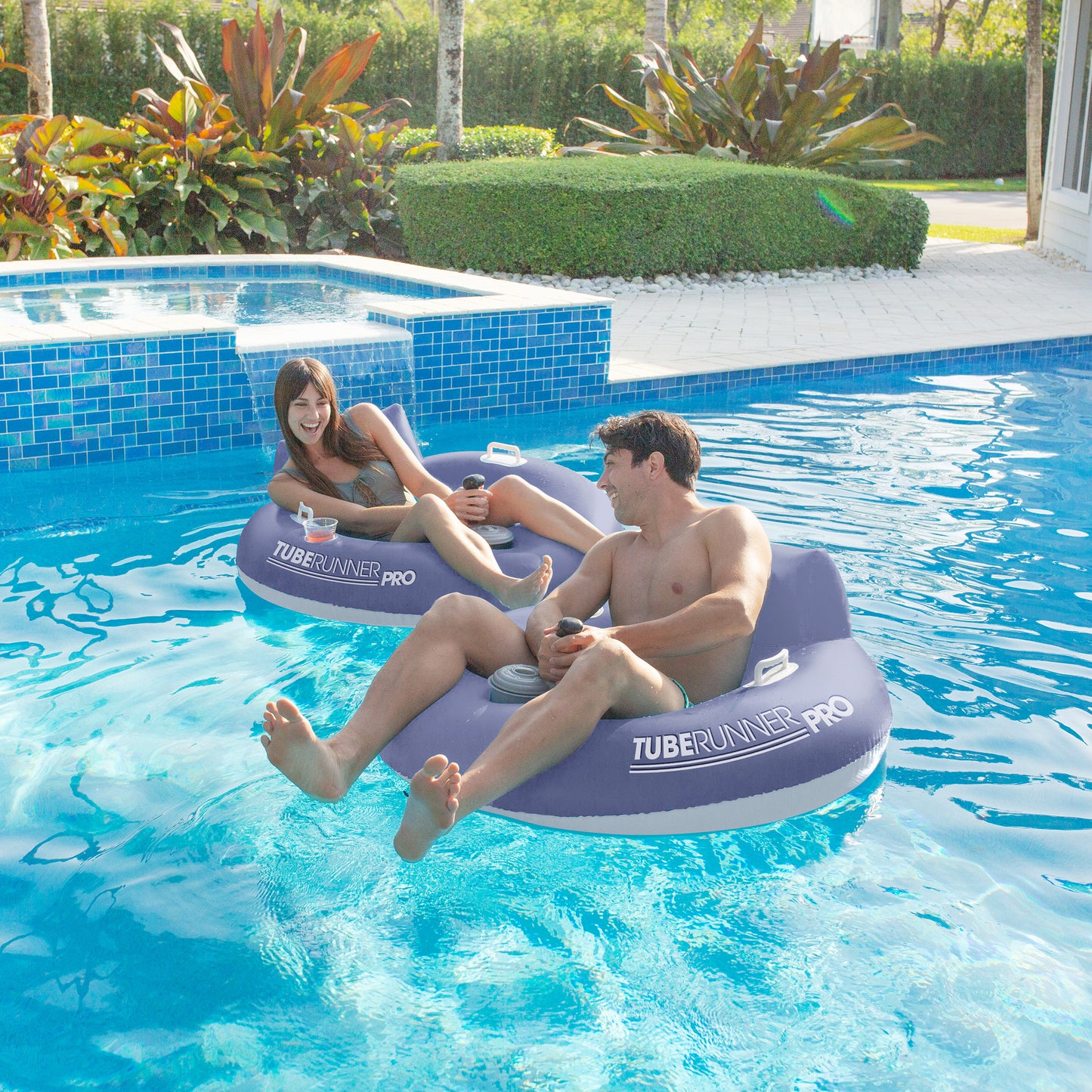 Tube Runner Pro Edition 12V Motorized Pool Tube, by PoolCandy. Deluxe Motorized Pool Tube for the best Lake, River and Pool Fun.  Inflatable battery powered float, the ultimate pool raft.