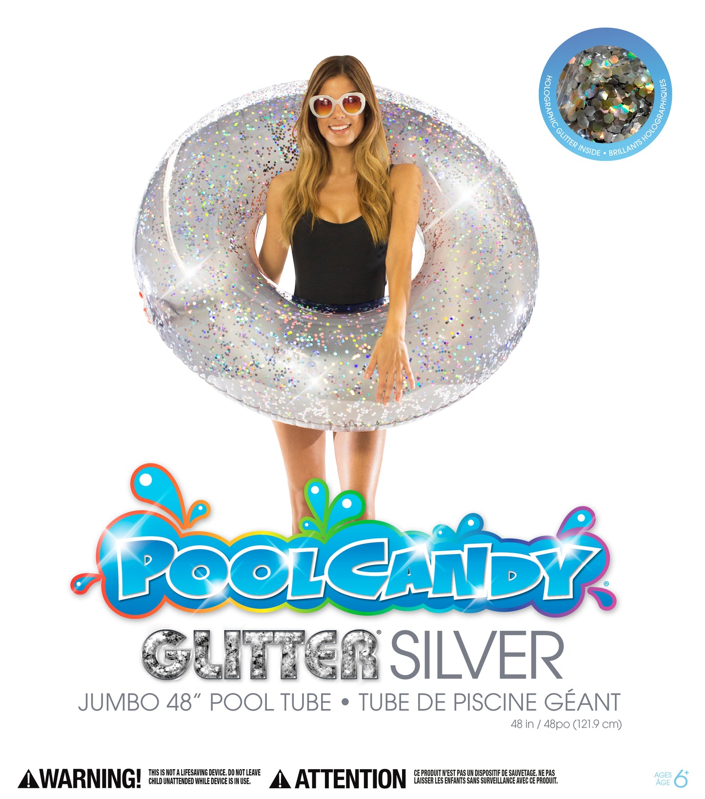 Inflatable Pool Tube Silver Glitter Jumbo Size