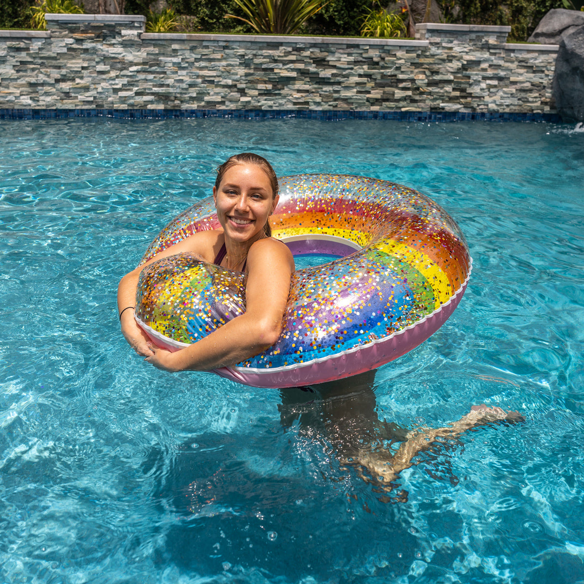 Inflatable Classic Rainbow Pool Tube Glitter Large Size