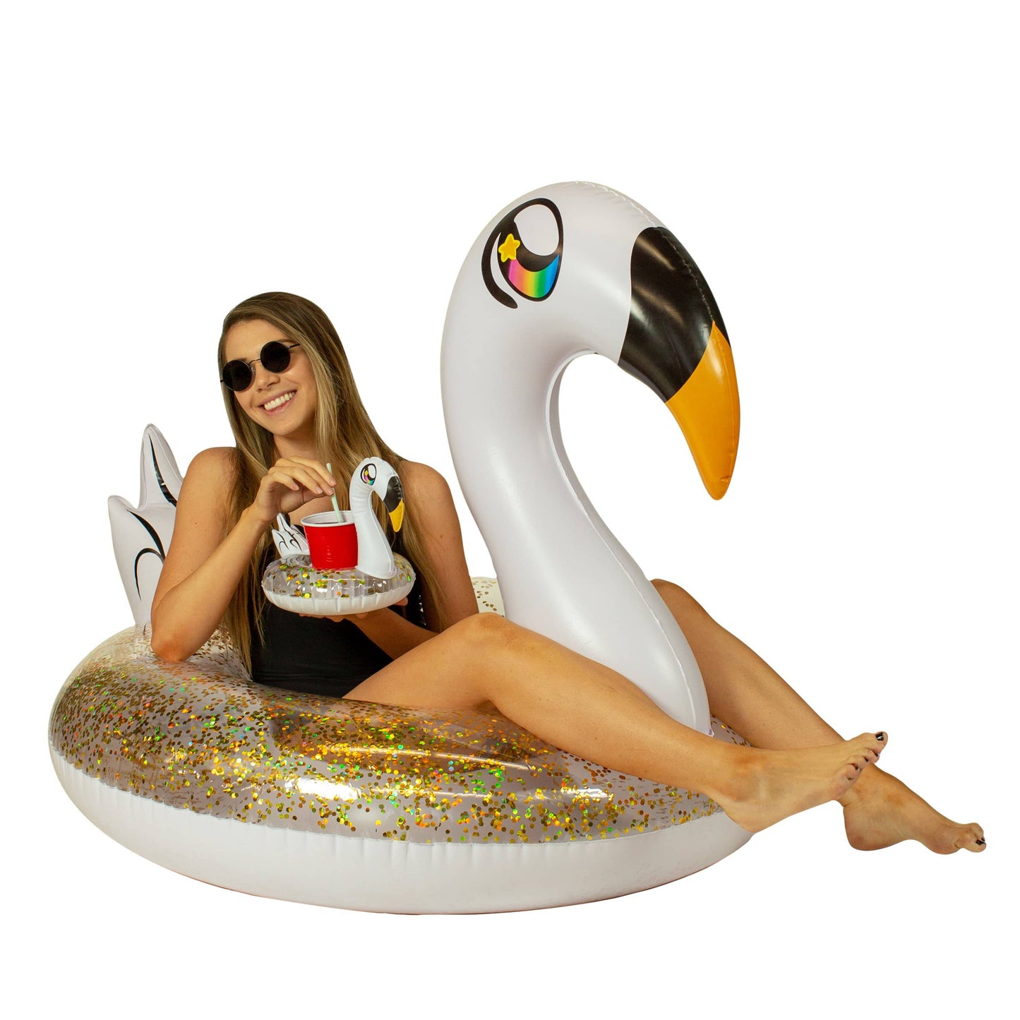 Inflatable Swan Pool Tube Glitter with Matching Drink Float