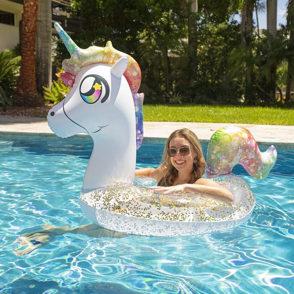 Inflatable Unicorn Pool Tube Rainbow Glitter 42 Inch