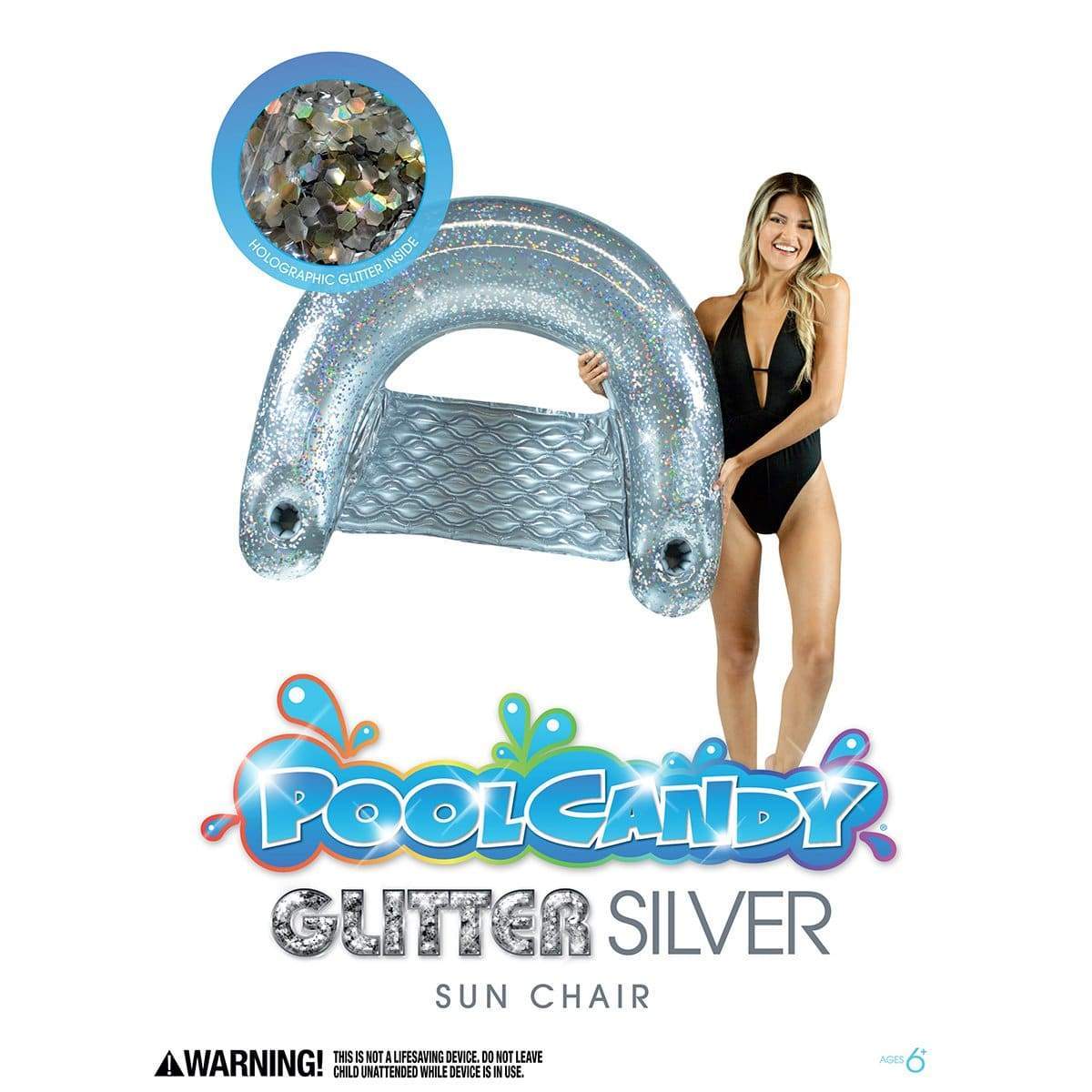 Inflatable Sun Chair Silver Glitter Jumbo Size PoolCandy